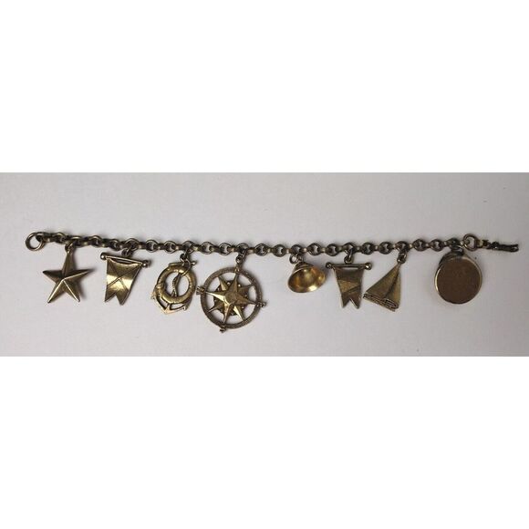 Coro Jewelry - Vintage Coro Antiqued Gold Tone Nautical‎ Theme Charm Bracelet Sailboat Anchor